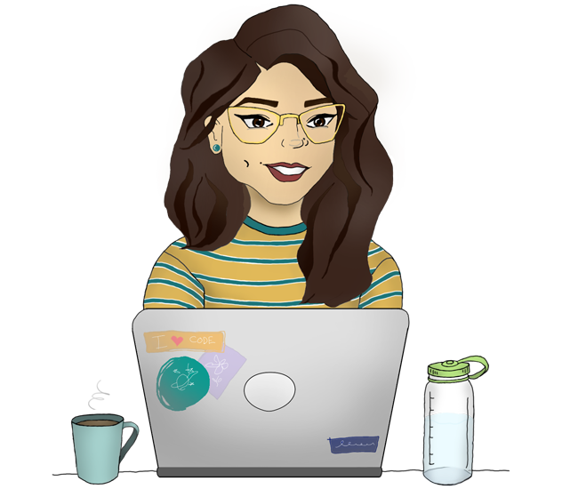 Digital illustration of Nicole Wu with a laptop, coffee, and water bottle.